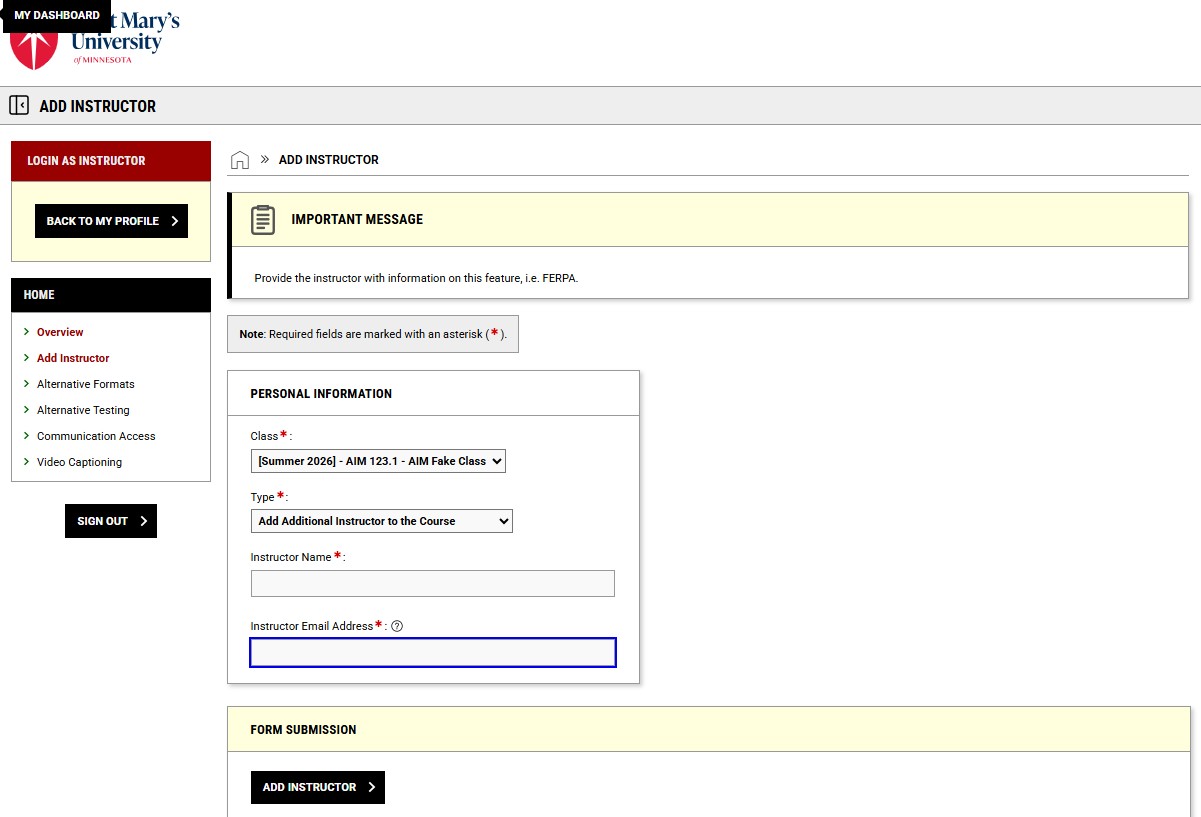 Image of add instructor form in the AIM faculty portal.