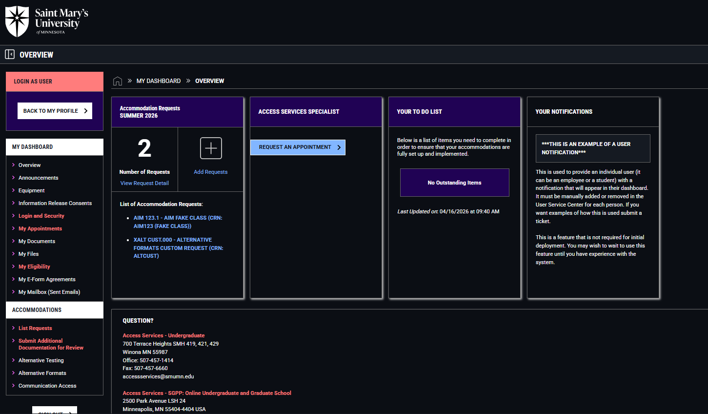 Image showing AIM Student Portal in dark mode.