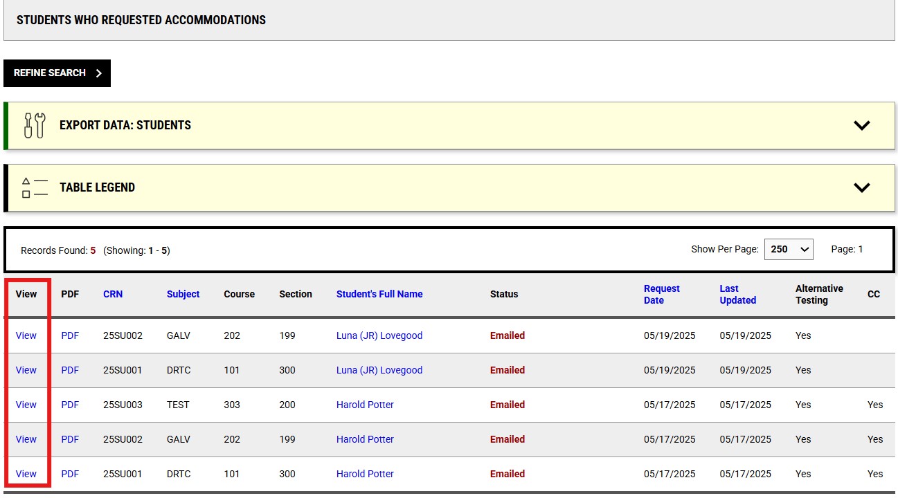 This is a screenshot of the view in the faculty portal of Faculty Notification Letters.