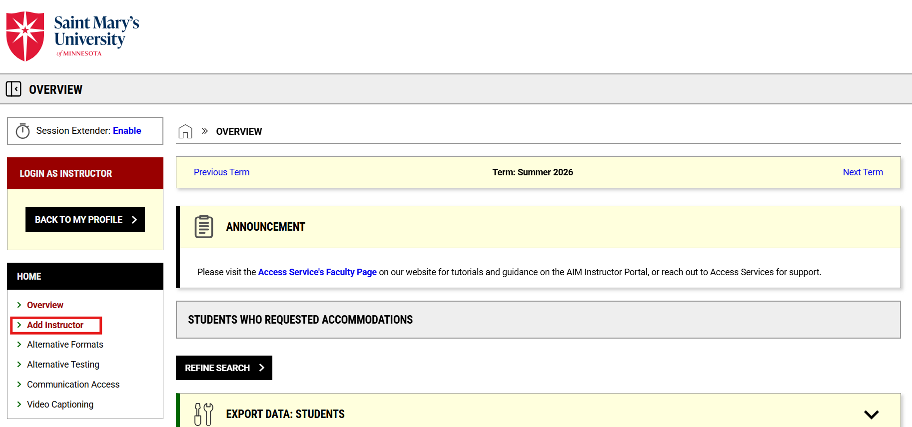 Image of the Add instructor option in the faculty portal in AIM.