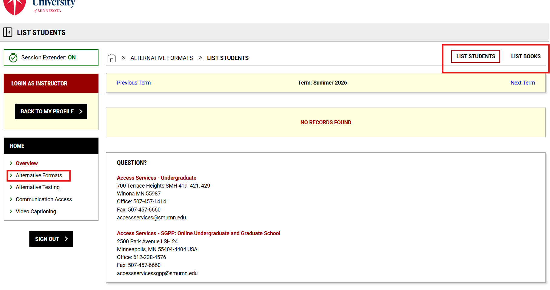 Image of the Alternate Formats Module in the Aim Instructor Portal.