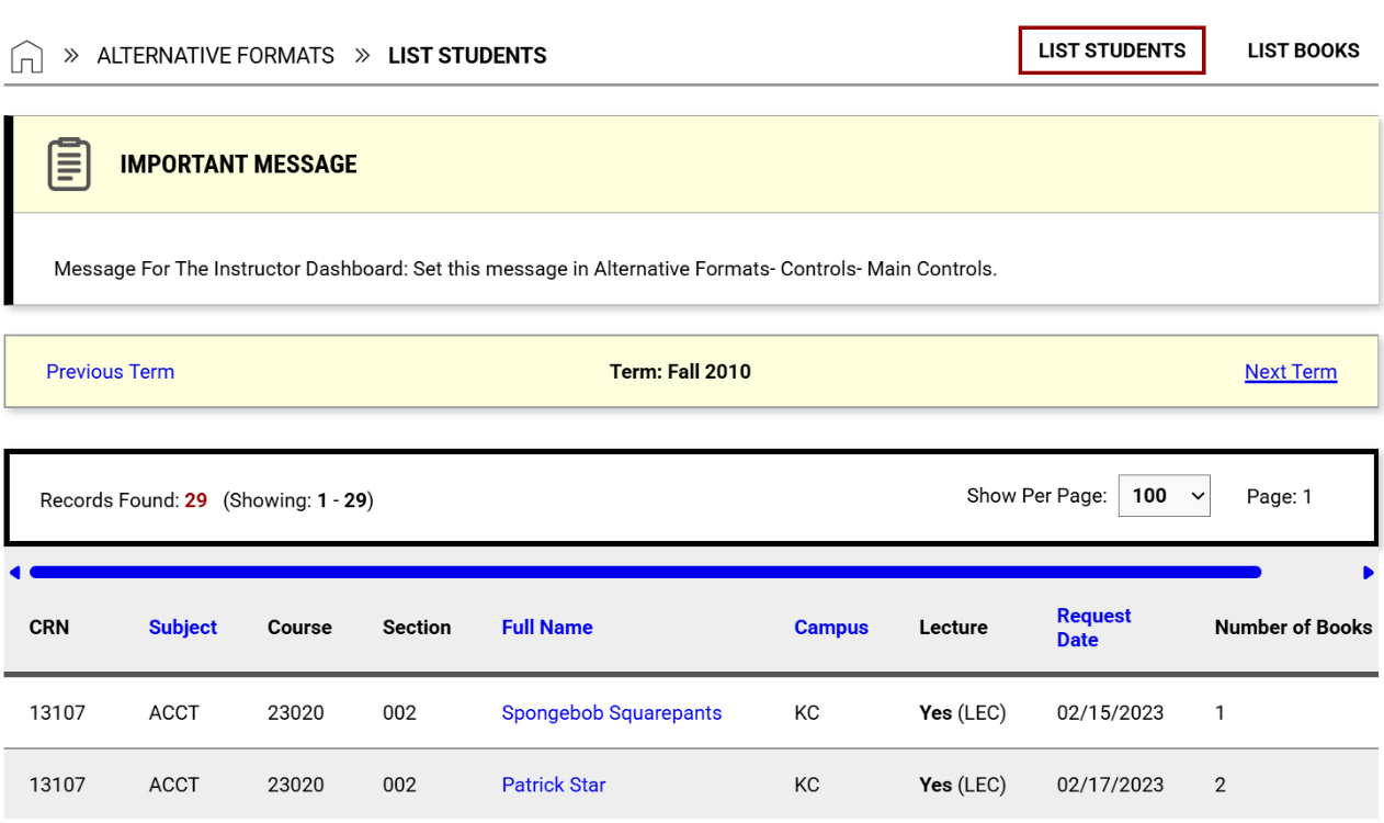 Image of List Students and List Books options in the Alternative Formats module in the  AIM faculty portal.