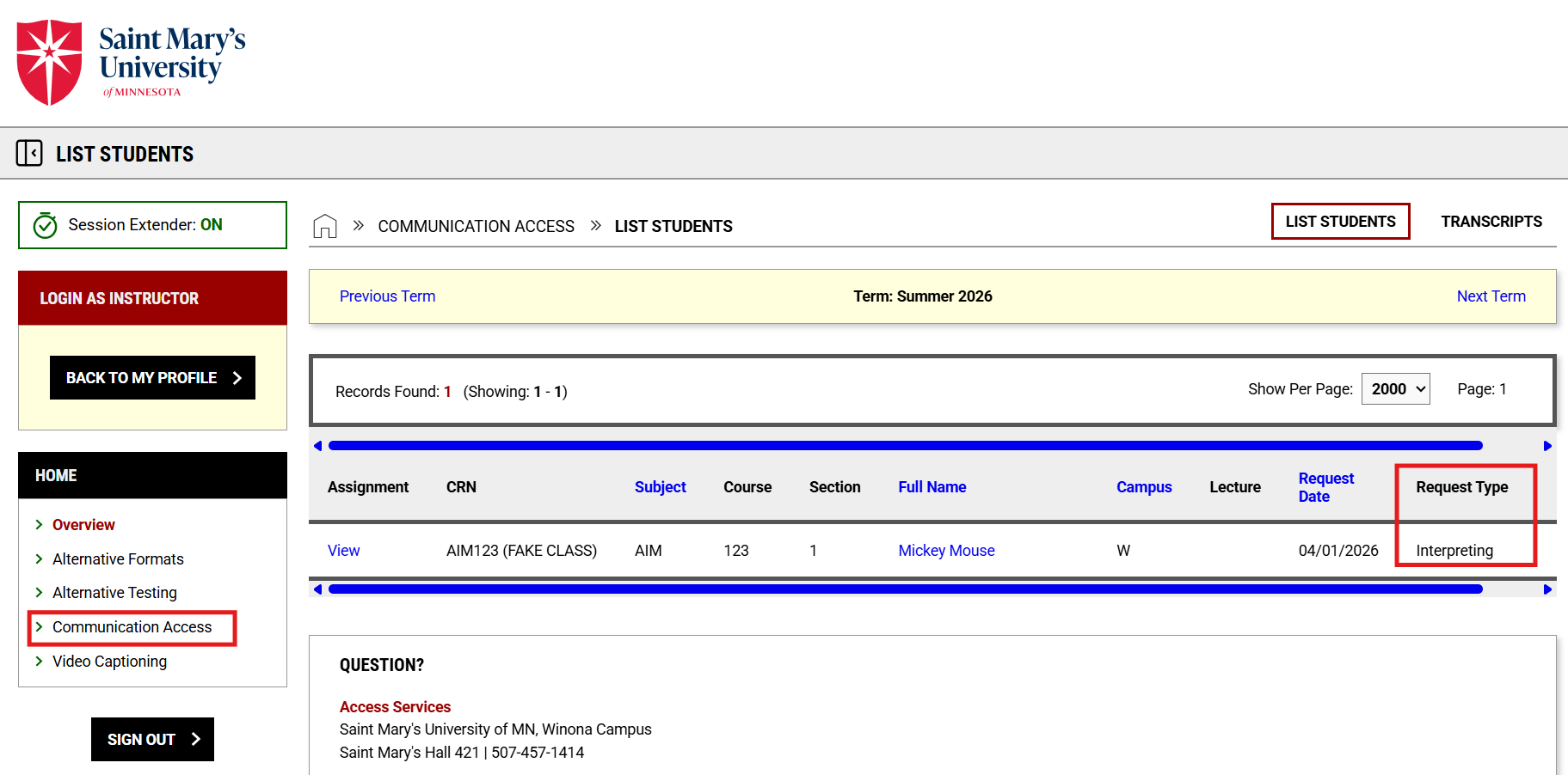 Image of List Students section in the Communication Access module in the AIM Faculty Portal.