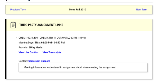 Image showing section where faculty can view third party assignment links in the Communication Access Module within the AIM Faculty Portal.