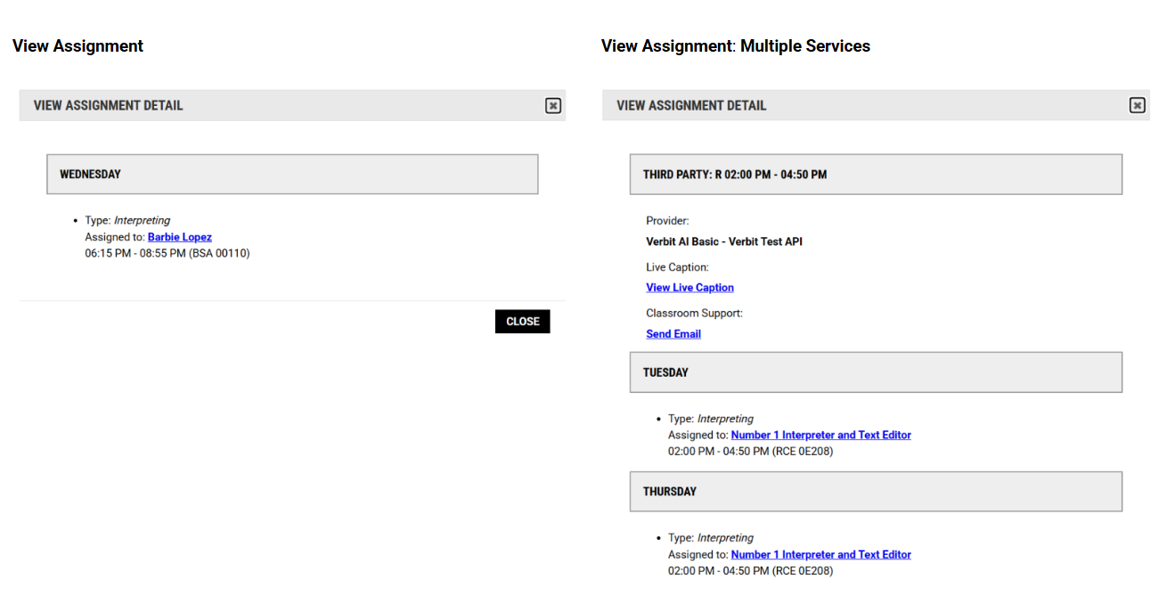 Image showing view assignment detail in the Communication Access module in the Faculty Portal in AIM.