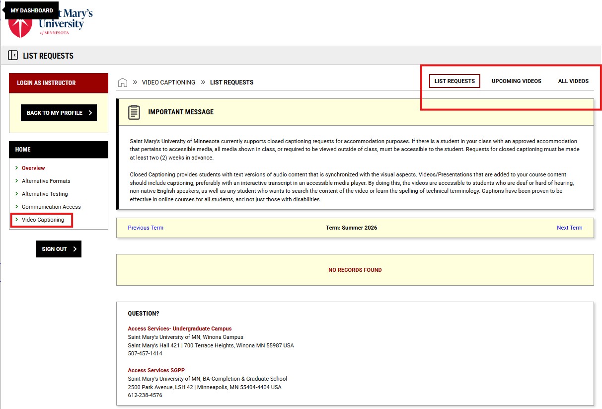 Image showing List request button within the Video Captioning module in the AIM Faculty Portal.
