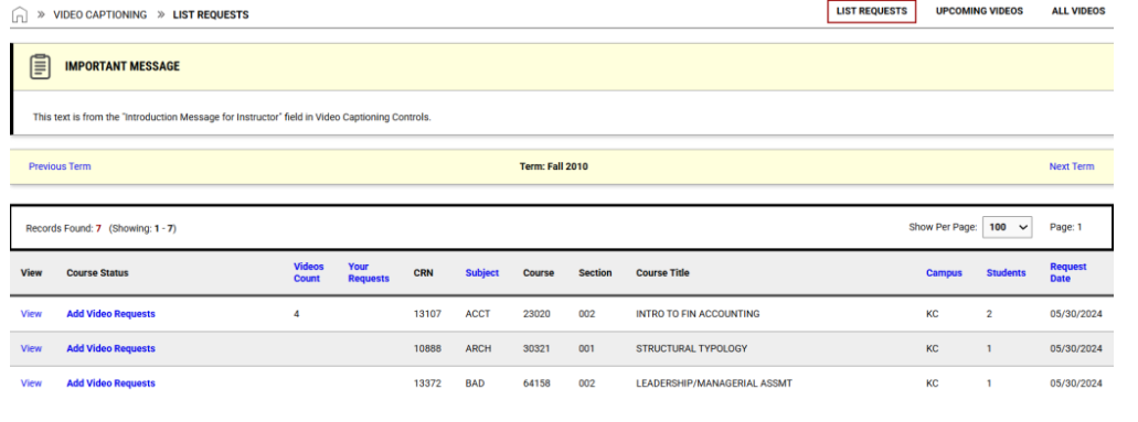 View in AIM Faculty Portal of the Video Captioning Module showing the List Requests function.