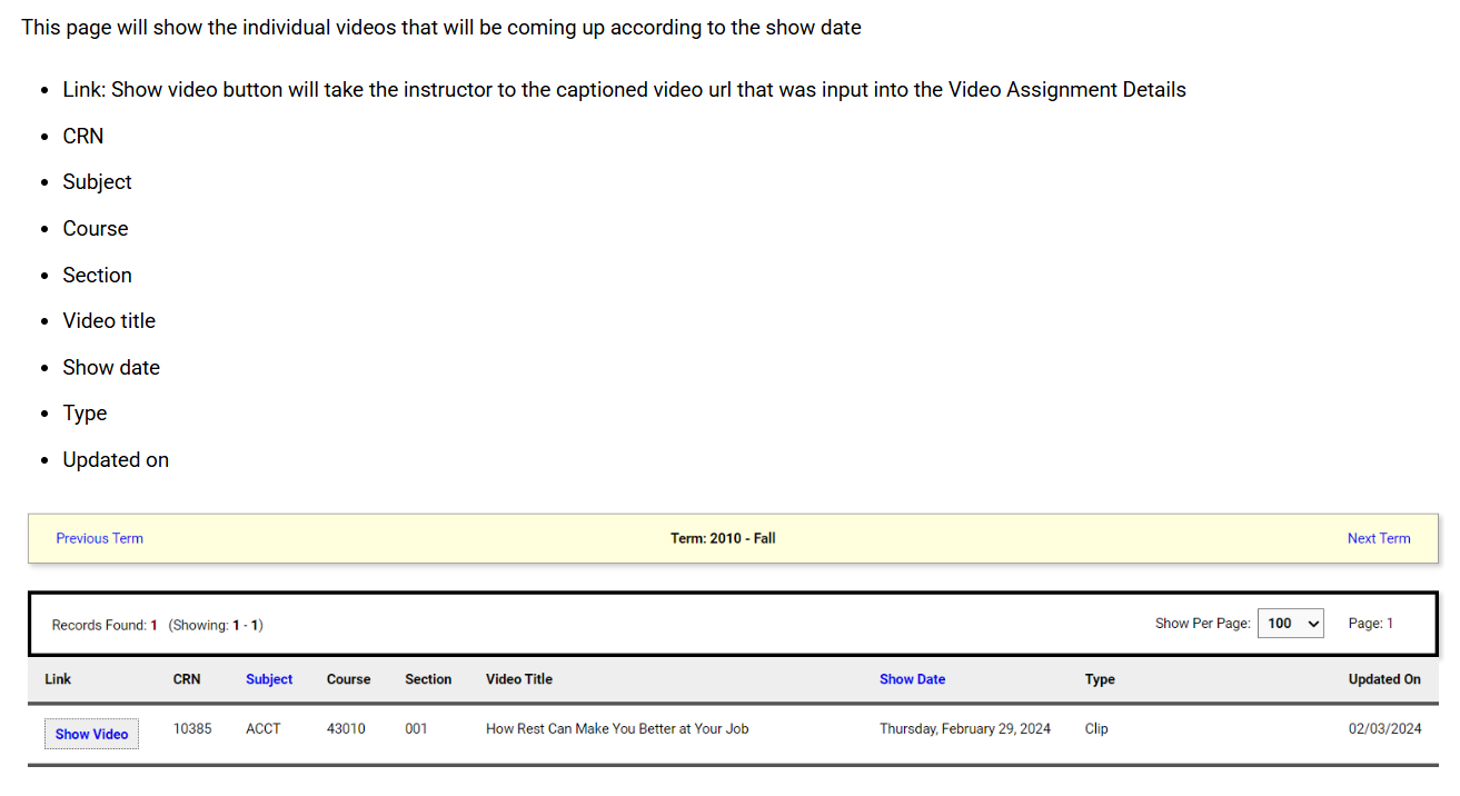 Image showing Upcoming Videos section in Video Captioning module in AIM Faculty Portal.
