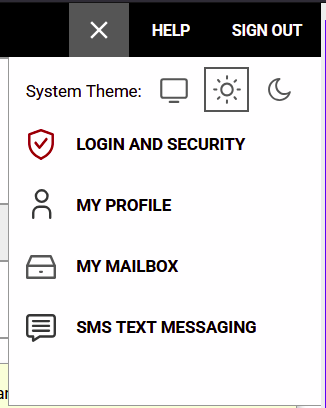 Image that shows view of light mode and dark mode icons while in AIM Student Portal.