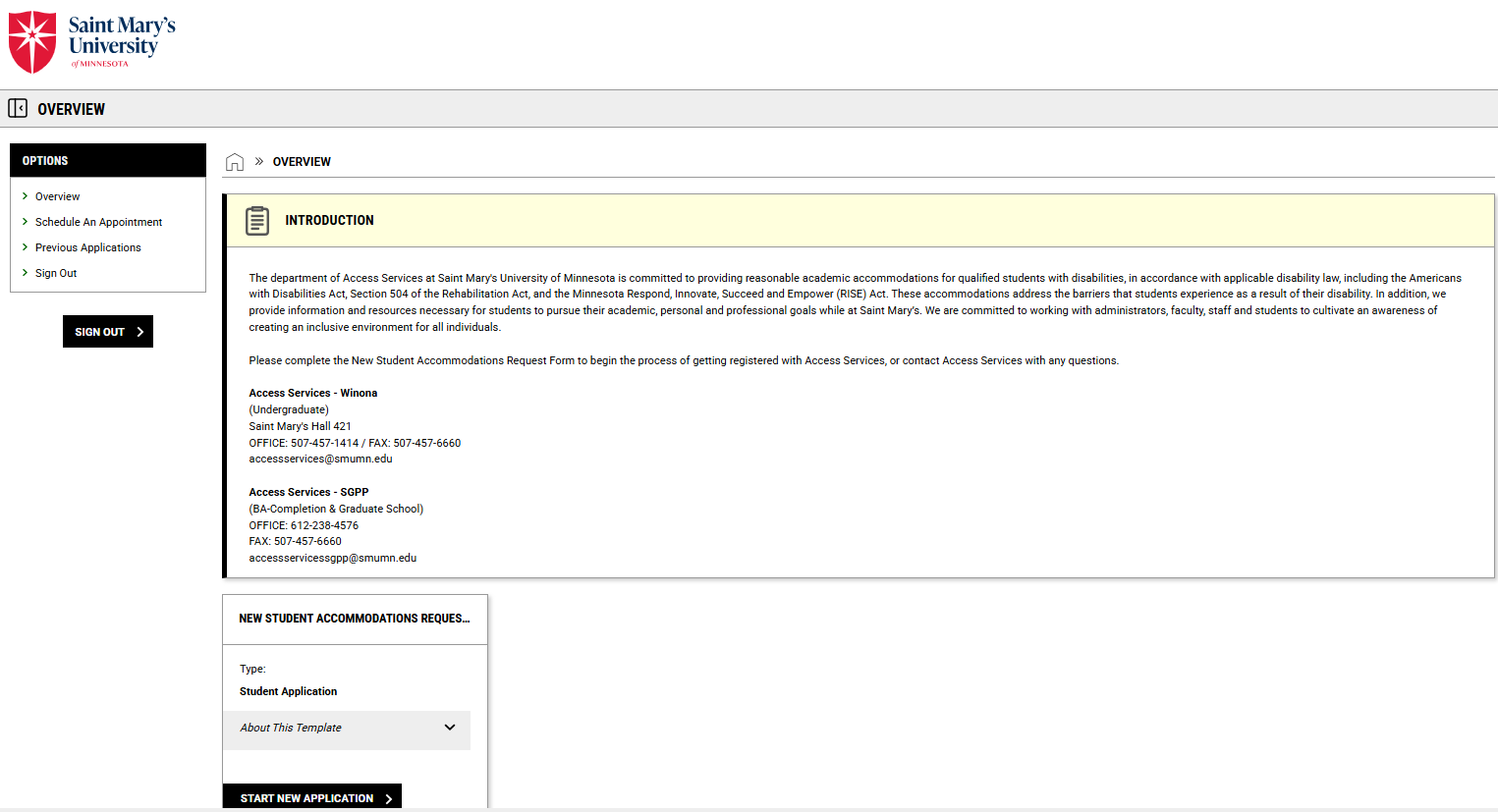 Image of New Student Accommodations Request Dashboard in AIM Student Portal.