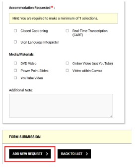 Image of add new request button in the custom request form i the communication access module within the AIM Student Portal.