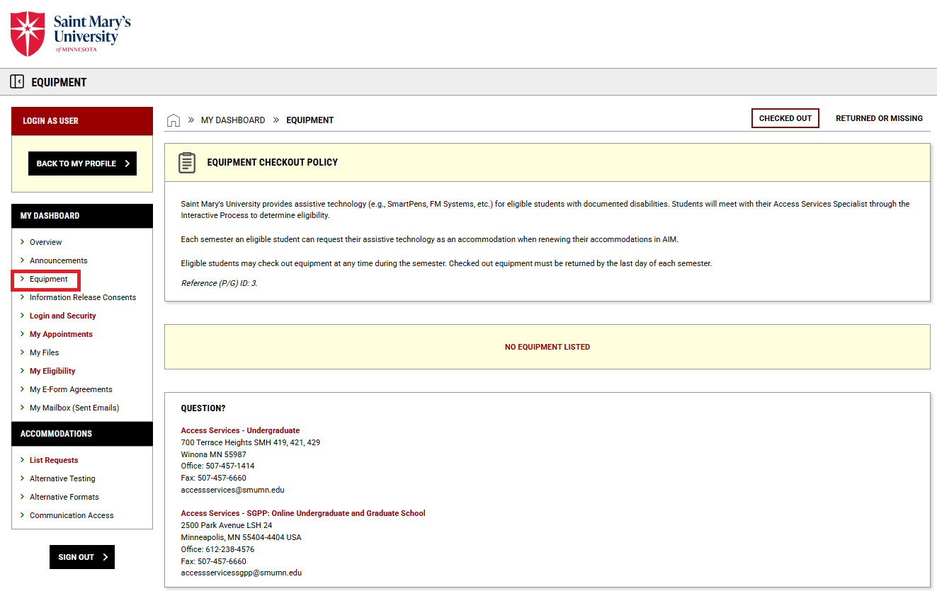 Image of equipment access module within AIM Student Portal.