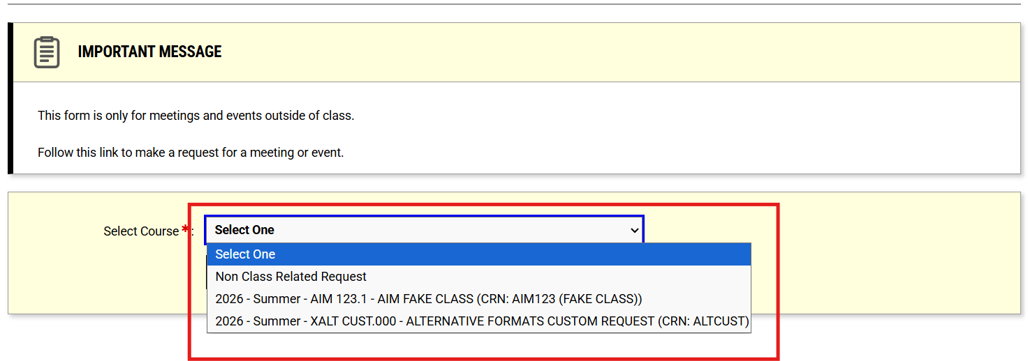 Image of how to create a custom request for communication access services in the Communication Access module within the AIM student portal.