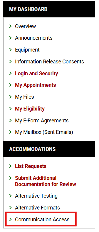 Image of the Communication Access section in the AIM student portal.