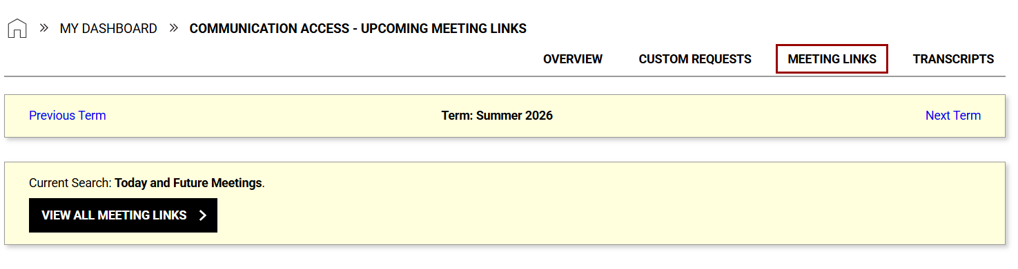 Image showing Meeting Links tab within Communication Access module in AIM Student Portal.