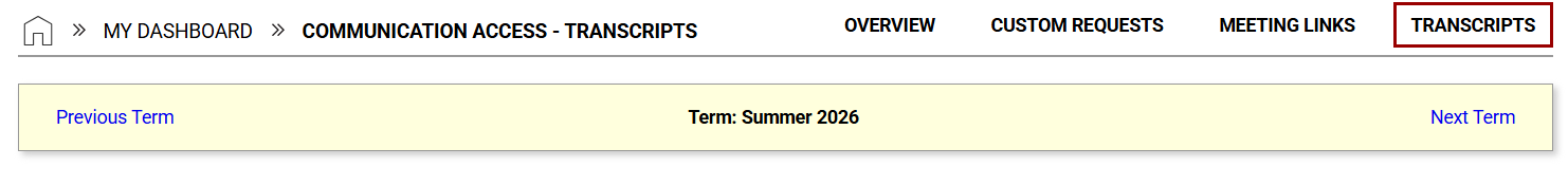 Image showing the transcripts tab within the Communication Access module in the AIM student portal.
