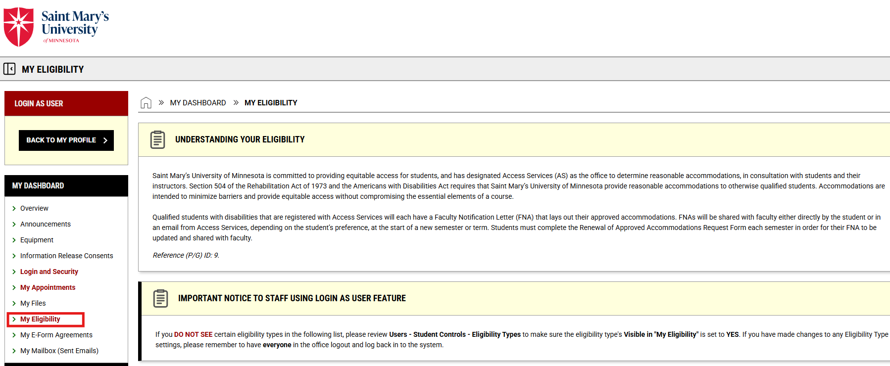 Image of My Eligibility section in the AIM Student Portal.