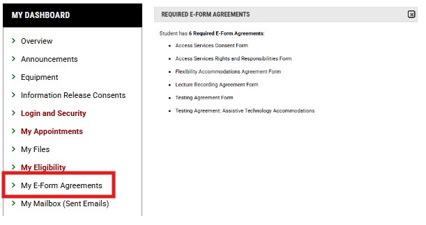 Image of e-form agreements section and example list of e-forms agreements within the AIM Student Portal.