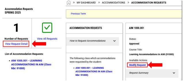 Image in the modifying accommodations section showing where a student can view a request detail and modify a request for the course they would like to update their accommodations in within the AIM student portal.