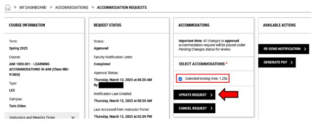 Image showing update request button within the modify accommodations section in the AIM student portal.