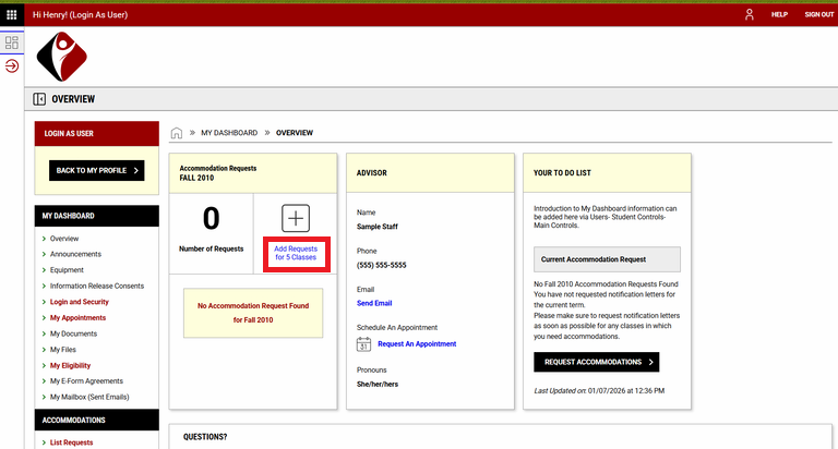 Image of section where student can request faculty notification letters in AIM Student Portal.