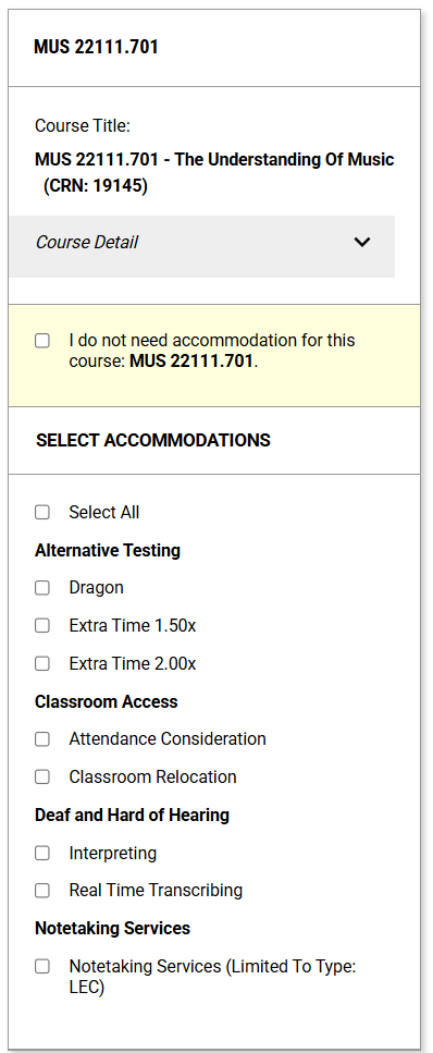 Image of accommodations list that students see in the Accommodations Request section of the AIM Student Portal.