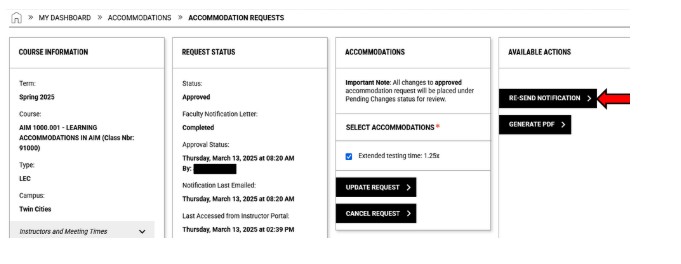 Image showing resend notification button within the accommodation modification section in the AIM student portal.