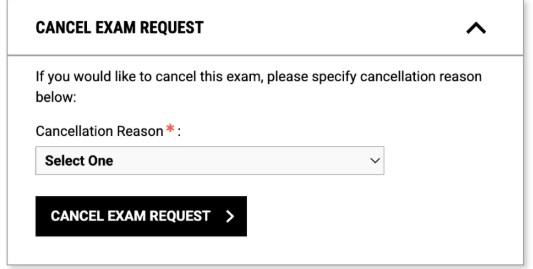 Box where students can select the reason they are choosing to cancel an exam request within the AIM Student Portal.