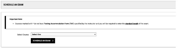 Image of the Schedule an Exam box where a student can select the course they would like to schedule an exam for with the AIM Student Portal.