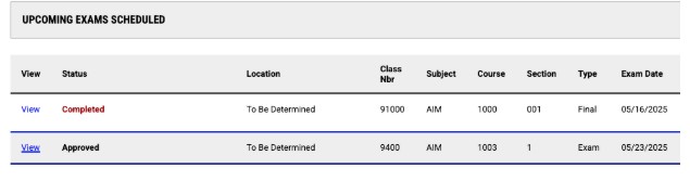 Image showing where a student can view upcoming exams scheduled within the AIM Student Portal.